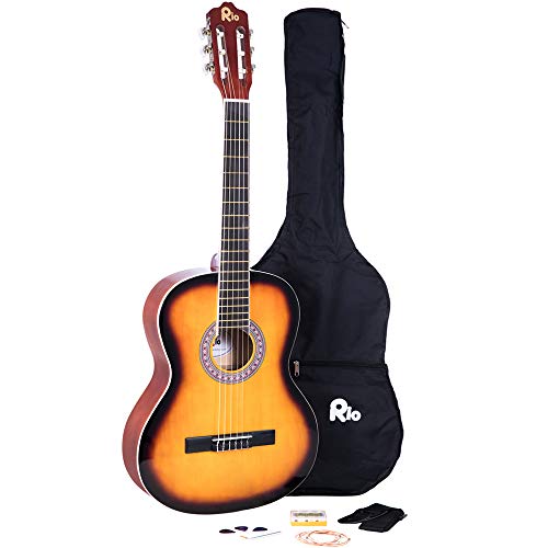 Paquete de cuerdas de nailon para guitarra clásica de tamaño completo 4/4, incluye funda, correa, púa, afinador y DVD para aprender a tocar la guitarra