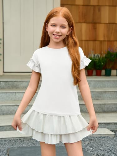 Image of Haloumoning Girls Ruffle Short Sleeve T Shirts Crewneck Tops 5-14 Years | Summer, Cute Tees Blouse, Casual, Solid Color, Loose Fit