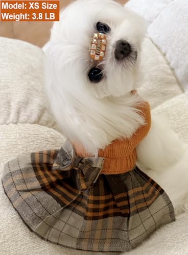 Vestido de malha laranja para cães, roupas de inverno xadrez para cães pequenos, meninas, roupas par