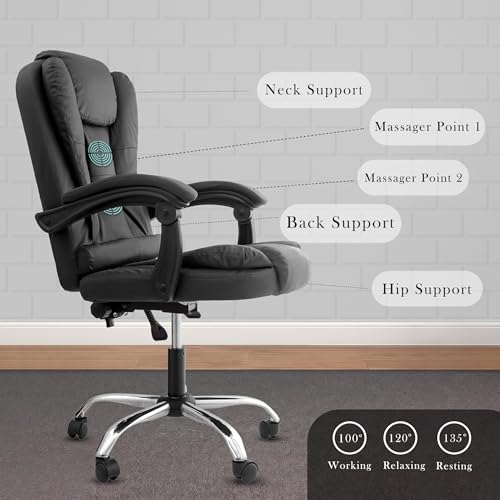 Image of Casa Copenhagen Italia Premium Leatherette Office Chair for Work | Boss Chair, Ergonomic Executive, Luxurious Cushioned Arms & Seat, 2 Point Back Massager, Heavy Duty Metal Base (Black)