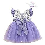 ✤ Diseño: vestido de fiesta sin mangas para bebé niña bordado floral, mangas con volantes con espalda desnuda, decoración de perlas y lazos, muy chic y a la moda.