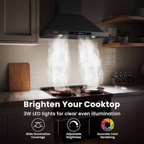 Image of IKTCH 30 inch Black Wall Mount Range Hood, 900 CFM Ducted /Ductless Stainless Steel Vent Hood with Gesture Sensing & Touch Control Switch Panel, 2 Pcs Adjustable Lights