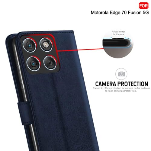 Image of TheGiftKart Flip Cover Back Case for Motorola Moto Edge 70 Fusion 5G | Genuine Leather Finish | Designer Button | Inbuilt Pockets & Stand | Wallet Style Flip Back Cover Case (Faux Leather, Blue)