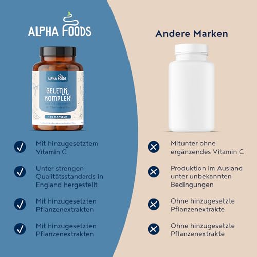 Glucosamin Gelenk-Komplex mit Chondroitin, Vitamin C, Kurkuma & Ingwer | 180 Kapseln | Hochdosiert | Gelenke & Knorpel | Made in Germany | Alpha Foods