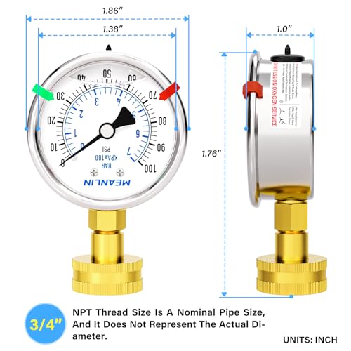 Image of MEANLIN MEASURE 0~100Psi Stainless Steel Frame 3 /4 inch Female 2.5 inch FACE DIAL Liquid Filled Pressure Gauge WOG Water Oil Air Water Pressure Test Table with Sealing Ring (with 2PCS Snaps)