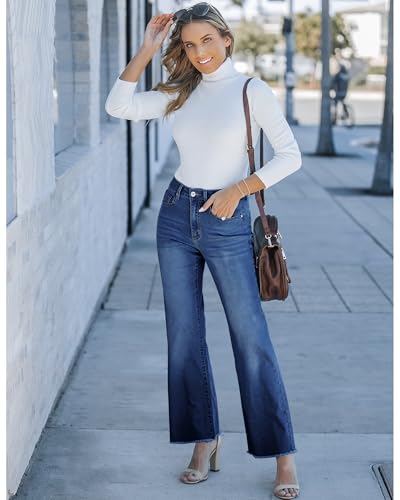 Image of GRAPENT Straight Leg Jeans for Women High Waisted Stretchy Frayed Raw Hem Loose Denim Pants Casual Baggy Jean Trousers