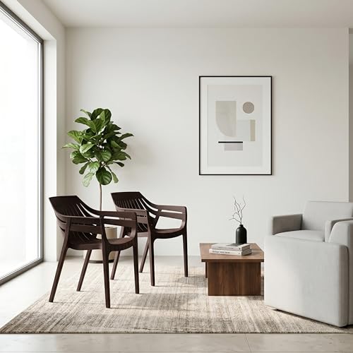 Image of OAKNEST Supreme Spectrum Plastic Arm Chair - Modern Slatted Stackable Chair for Living Room, Dining, Garden, Balcony, Restaurant & Cafe | Weatherproof Indoor Outdoor Designer Chair, Set of 2,G Brown