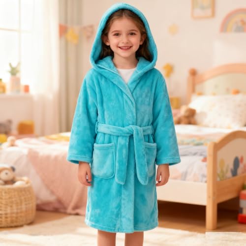 Image of Boys Girls Bathrobes,Toddler Boy Girl Robes,Children's Plush Soft Coral Fleece Hooded Pajamas Sleepwear for Kids