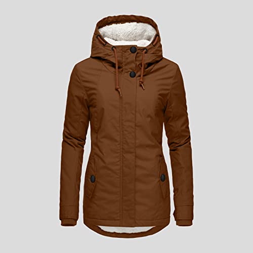 Women's Winter Hooded Coat Zip Up Thicken Fleece Lined Quilted Parka Jackets Long Pea Coat Outerwear Plush Flannel, Brown (Ztx1Jtis6) #TOP7