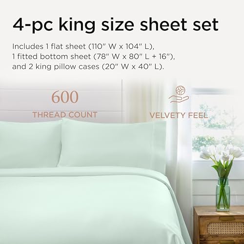 Image of Threadmill King Size Sheets | 600 Thread Count King Bed Sheets Set for King Mattress 16 inch Deep Pocket | Sateen Weave 4-Piece Bedding Set with Cooling Effect | Seaglass