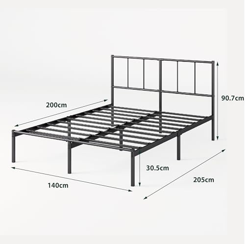 Image of Zinus Justin Bed 200 x 140 cm - 35 cm High - Metal Bed Frame with Headboard - Metal Bed with Slatted Frame - No Box Spring Bed Required - Under Bed Space - Modern Design - Black