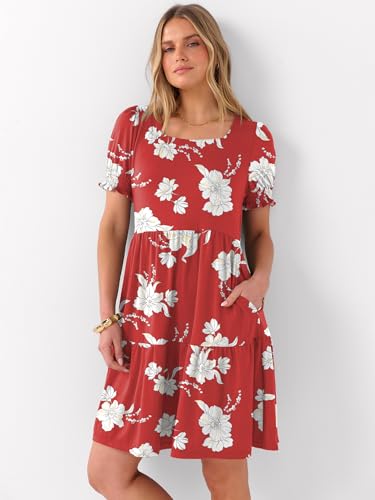 Image of ANRABESS Women Summer Square Neck Puff Short Sleeve Mini Dress 2026 Casual Flowy Sundress Beach Vacation Clothes with Pockets
