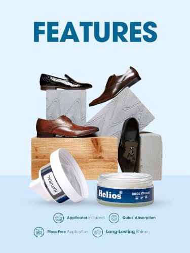 Image of Helios Leather Shoe Cream Polish 48 GM with Applicator & Natural Hair Brush | Shoe Polish for Boots, Bags, Belt & Jacket | Leather Conditioner & Shine Care Kit