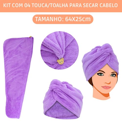 Kit 4 Toucas Toalhas Cabelo Touca Mágica Seca Rápido Antifrizz Toalha Turbante Super Absorvente