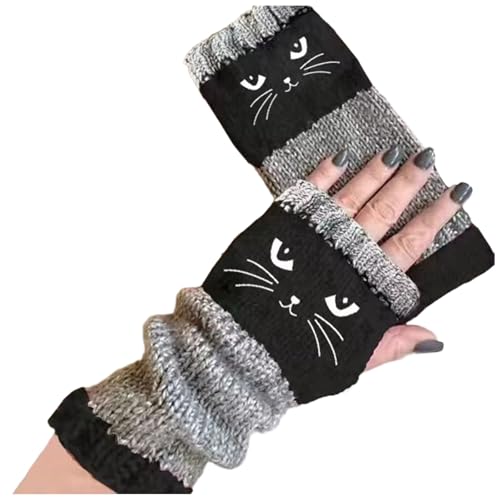Gants tricotés à motif de chat avec broderie, gants chauds, tendance, fuites, gants décontractés pour femmes