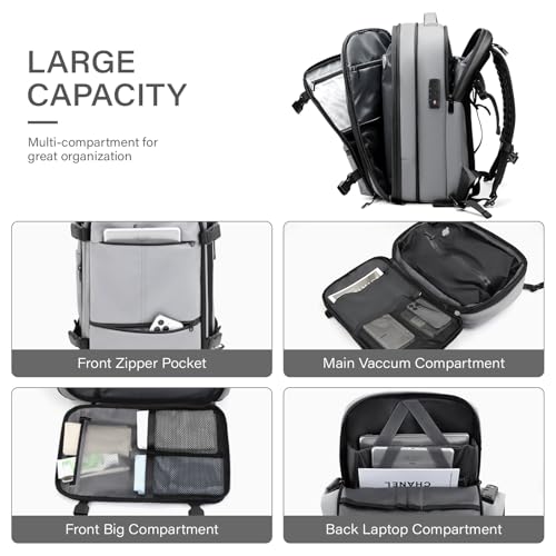 Travel Backpack with Vacuum System,60L Expandable Vacuum Backpack Travel with TSA Lock,17.3 inch Laptop Backpacks Vacpack Backpacks with Vacuum(Grey,No Air Pump)4