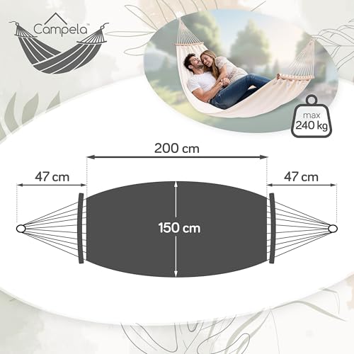 Campela Doppelhängematte mit Spreizstäben – 200 x 150 cm, 240 kg – Baumwoll-Polyester, Boho Beige – für Garten, Balkon, Terrasse und Camping – inkl. Tragetasche und Montageset