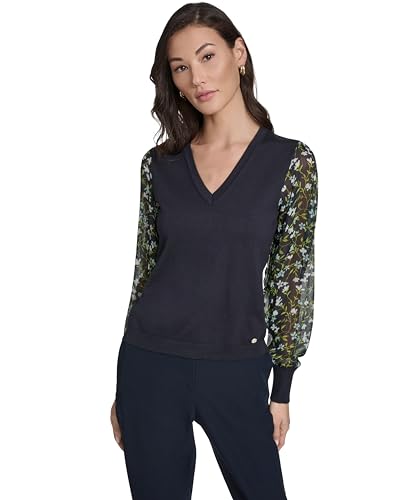 Image of Tommy Hilfiger Women's Long Sleeve Twofer Sweater with Woven Sleeves