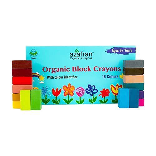 Image of Azafran Organics 16 Non-toxic Block Crayons, Standard Size, For Pre School Kids, Baby Safe, Hypoallergenic, No Mineral Oils, No Harmful Chemicals, 16 Color Shades, Multi-coloured.