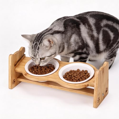 Ciotola per cani rialzata con supporto, regolabile in altezza, ciotola da 2 x 150 ml, mangiatoia per gatti rialzata con supporto in legno, ciotola antiscivolo per cani e gatti di piccola taglia e