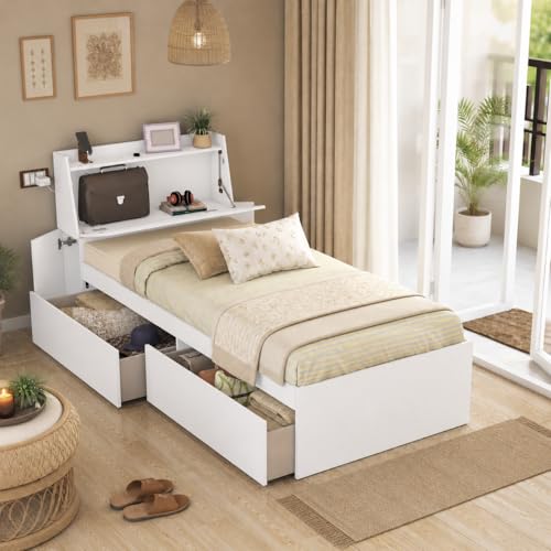 Image of Studio Kook Tribe Left Single Bed with Headboard Storage & 2 Drawers | Engineered Wood Bed | Fits 78 x 36 inch Mattress | Moonshine White | Mattress Not Included