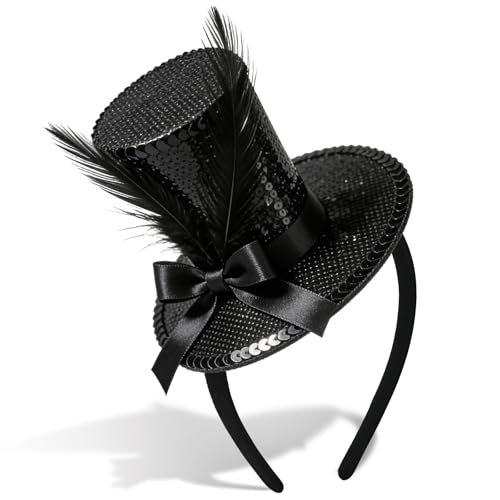 Black Sequin Mini Top Hat Headband with Feather Tea Party Fascinator Headpiece for Women Men1920s Gatsby Party Halloween Costume Accessories