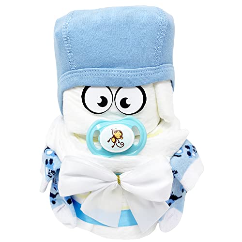 Kleines Windelbaby Bärchen PIMFI 23tlg. in blau für Jungen. Geschenk zur Geburt Babyparty Taufe (Blau) Geschenkfertig in Folie verpackt Cover