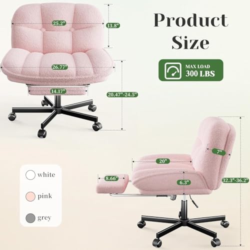 Image of DurayLoly Criss Cross Office Chair with Footrest, 6.3 inch Thick Cushioned Cross Legged Office Chair with Wheels, Reclining & Height Adjustable, Swivel Armless Vanity Chair for All-Day Comfort (Pink)
