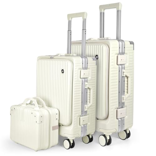 MERCURY TEXTIL-Juego de 3 Maletas de Viaje Cabina, Grande y Neceser de Policarbonato y ABS. Maletas Multifunción con USB, Múltiples Compartimientos con Bolsillo Frontal y Portavasos (Hueso)