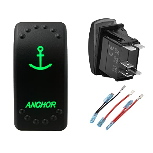 Image of Green Backlit Rocker Switch 5 Pin ON-Off Laser Etched Button Switch with Wires for Car Marine Boat UTV 20A /12V 10A /24V (Anchor)