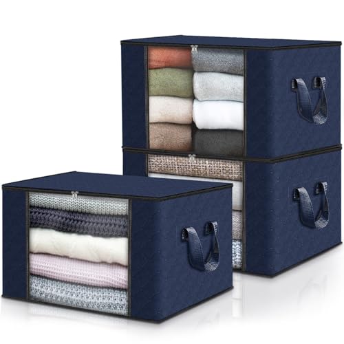 Image of Fab totes Storage Bags,Clothes Blanket Storage Bins Foldable Closet Organizers with Reinforced Handle for Home Dorm Storage and Organization,Fabric Bags for Organizing Sheets,Clothing (Blue,3 Pack)