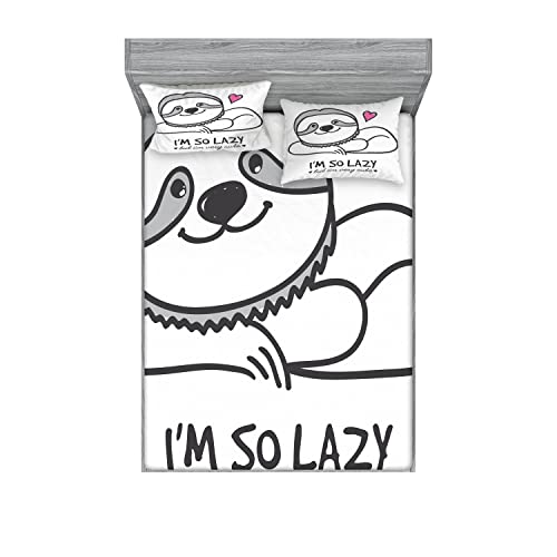 Ambesonne Sloth 2 Pack Fitted Sheet & Pillow Sham Set, Cartoon Funny Words, 4 Pcs Bedding Decor, Package Contains 2 Queen Size Fitted Sheets & 4 Pillow Covers, Grey Pink