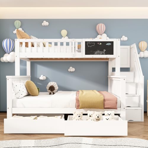 Merax Kinder-Etagenbett 90x200+140x200 cm mit Tafel, Schubladen, Treppe und Sicherheitsgeländer, Multifunktionales Hochbett, Weiß, Massivholz
