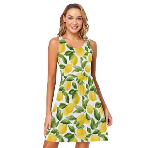 Image of ALAZA Watercolor Lemon Leaves Women's Summer Dress Sun Dress Sleeveless with Pockets L