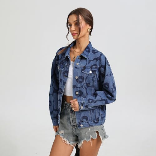 Women's Jean Jacket Denim Long Sleeve Oversized Button Down Flower Printed Jacket Coat3