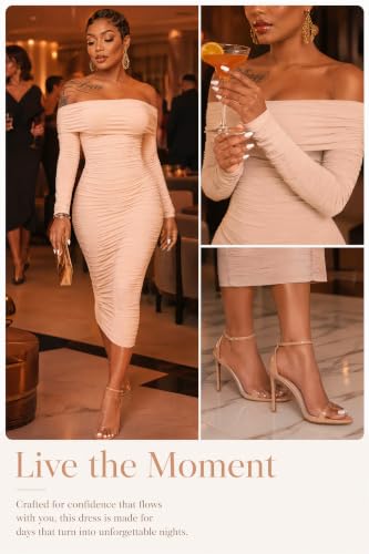 Image of Fooullaide Women's Sexy Off Shoulder Sleeveless Bodycon Ruched Midi Dress