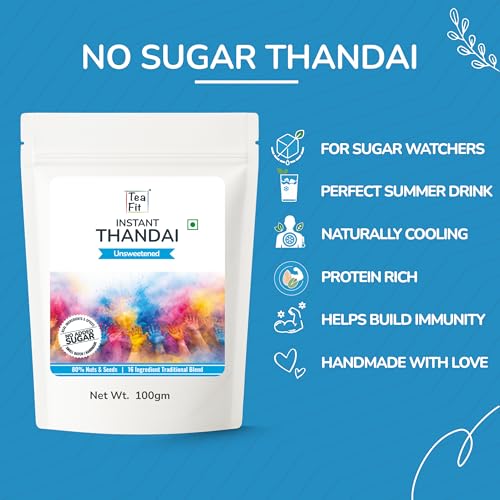 Image of TeaFit Zero Sugar High Protein Thandai Powder 100g | Traditional 16 Ingredient Nuts, Seeds & Spice Blend | Ingredient Dense Summer Cooler | Add to Milk | No Artificial Flavors & Chemicals
