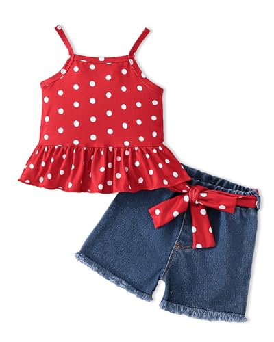 PaPaai Sara 18 Months Girl Clothes Toddler Girl Outfits 12 Months Girls Clothes Summer Spring Outfit Set Red Polka Dot Straps Tank Top + Matching Bow Belt Denims Shorts Set 2PCS