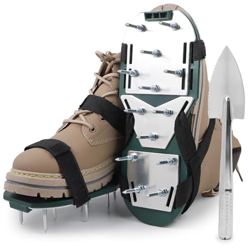 LALAGO 1 par Zapatos Aerador de Cesped Verde, Sandalias Césped Zapatos con Puntas Talla Universal Manual, Suela con Clavos con Pala y Clavos para Zapatos Aireación para Ventilar Patio y Jardín