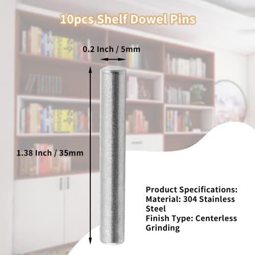 Qjaiune 10pcs Shelf Dowel Pins 5x35mm Stainless Steel Pegs, Bunk Bed Support Pins Rod Fasten Elements, Cabinet Dowel Pin Hardware Smooth Metal Dowel Pegs for Shelves Crib Bunk Bed (Silver)