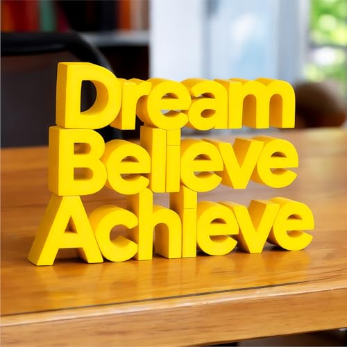 Image of Mad Masters Dream Believe Achieve Motivational Desk Decor - Aesthetic Table, Shelf & Wall Showpiece for Home Office, Business. Vastu Friendly Gifting, Sunshine Yellow (8x5.5x1 Inch)