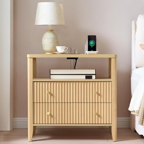 Image of Fluted Nightstand with Charging Station, 27.3 inch Wide Modern Bedside Table with 2 Drawers & Open Shelf, Large Wood End Table with Storage & Metal Handle for Bedroom, Natural Wood