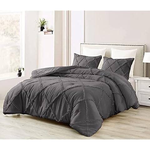 PUZMUG 3Pcs Diamond Ruffle Duvet Cover Set - 800 Thrade Count 100% Egyptian Cotton Duvet Cover with Zipper Closure & Corner Tie - Full/Queen (90"X90") Inch,& Pillowcover, Dark Grey Solid Cover
