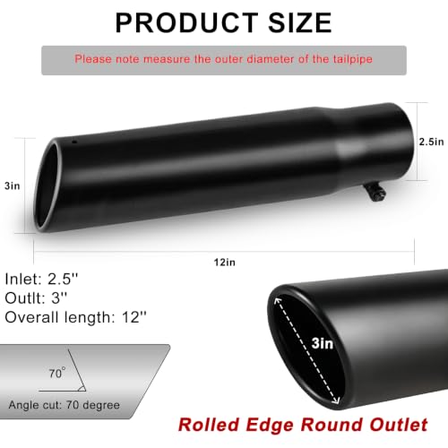Image of 2.5 inchInlet 3 inch Outlet Slant Cut Black Exhaust Tip, 12 inch Length