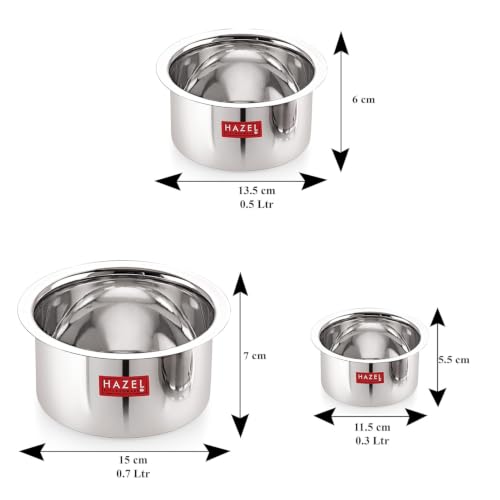 Image of HAZEL Stainless Steel Tope with Lid, Set of 3 | Heavy Gauge Flat Bottom Patila with Lid Combo 300ml, 500ml & 700ml | Durable Boiling Pots for Milk, Tea & Daily Cooking - Silver