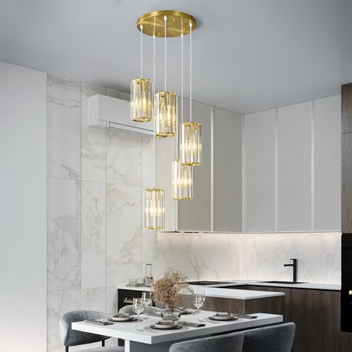 Image of Gold Pendant Lighting Modern Pendant Light, Mini Crystal Chandeliers,Adjustable Pendant Light Fixture for Kitchen Island Dinning Room Corridor Bedroom(Gold 5-Light)