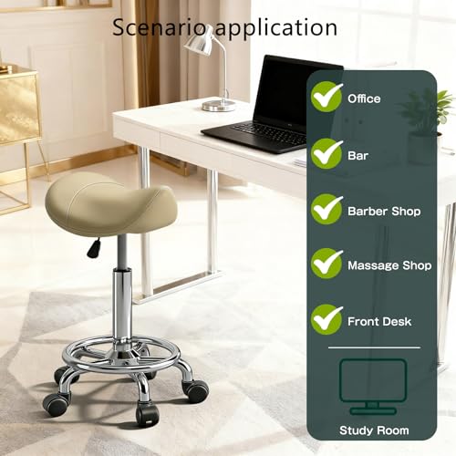 Image of Saddle Stool with Wheels, Adjustable Rolling Stool Chair with Back Support, Ergonomic PU Leather Saddle Chair for Salon, Massage, Tattoo, Medical, Spa, Office (Khaki, 1PCS)