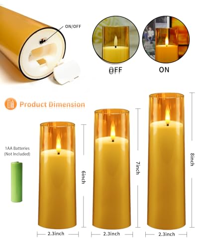 Flickering Flameless Candles Battery Operated with Remote and 2/4/6/8 H Timer Plexiglass Led Pillar Candles Pack of 9 (D2.3 xH 6" 7" 8") with Realistic Moving Wick Candles for Home Decor(Gold)