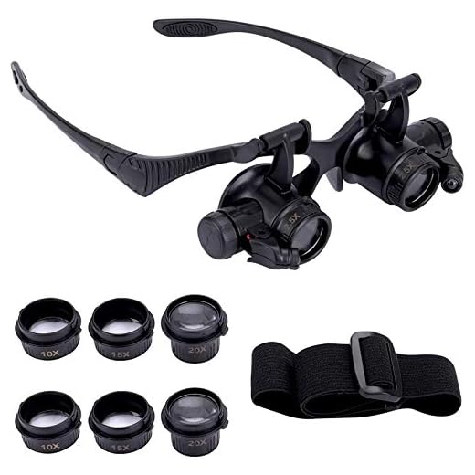 GuDoQi Head Mount Magnifier, Watch Repair Magnifier, 4 Interchangeable Lenses, 2 LED Light, Handsfree Reading Magnifier Glasses for Reading, Jewelry Loupe (10X, 15X, 20X, 25X)