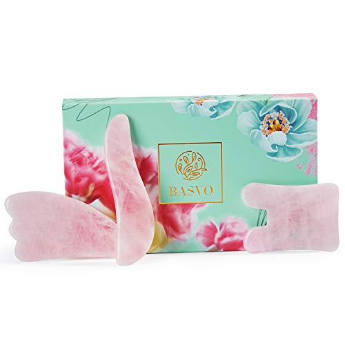 Gua Sha Massage Tool Rose Quartz Stone, BASVO Gua Sha Scraping Facial Tools for Skin Renewal SPA Acupuncture Scrapper Therapy Trigger Point Treatment Gua Sha Facial Tools (3 Packs)